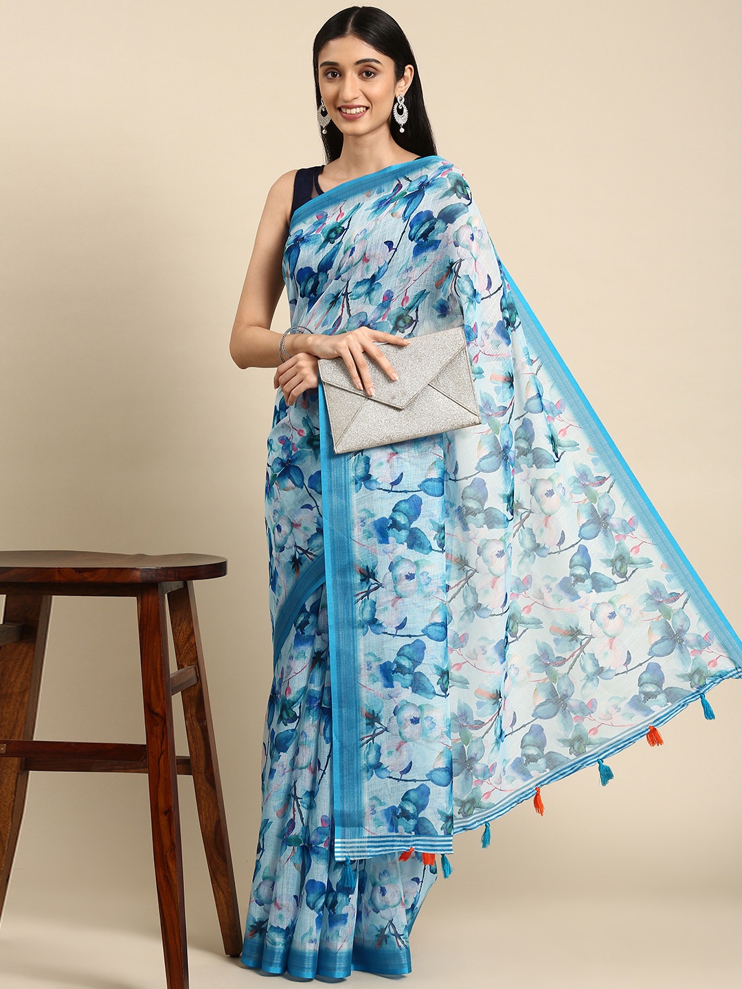 

Anouk Blue Ethnic Motifs Print Pure Linen Saree