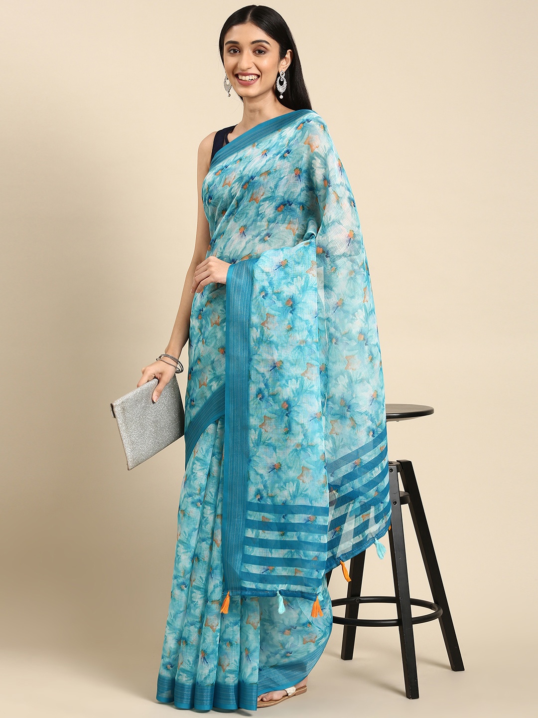 

Anouk Blue Ethnic Motifs Print Pure Linen Saree
