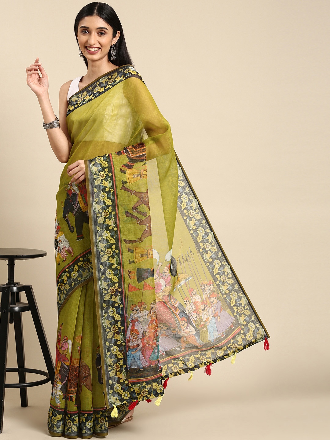 

Anouk Green & Black Ethnic Motifs Print Pure Linen Saree