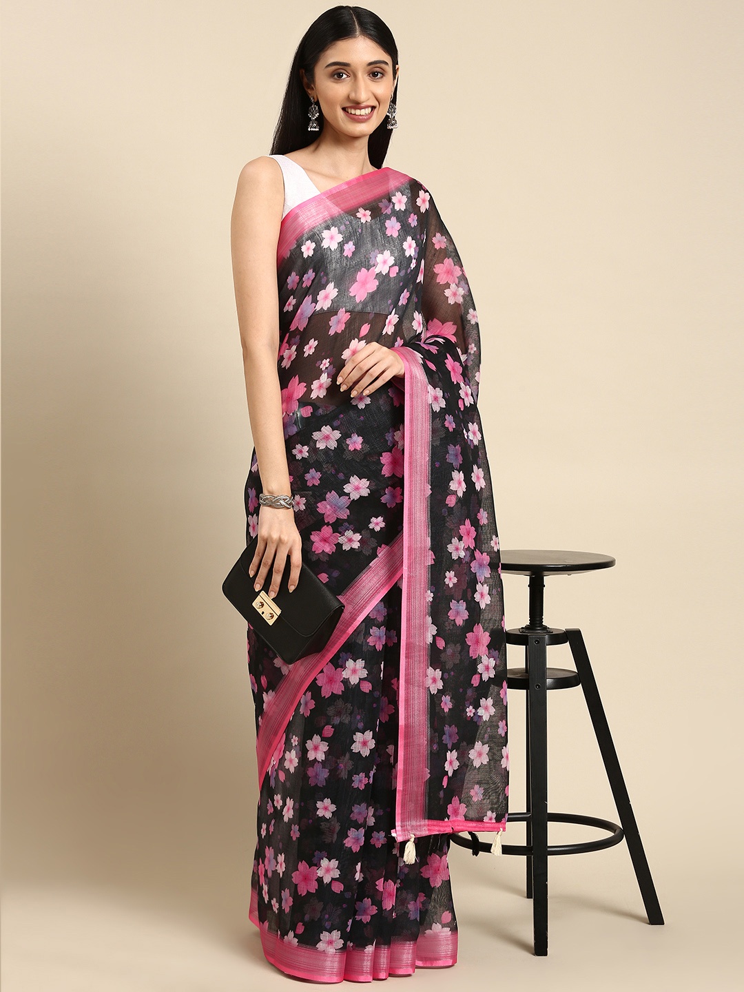 

Anouk Black & Pink Ethnic Motifs Print Pure Linen Saree