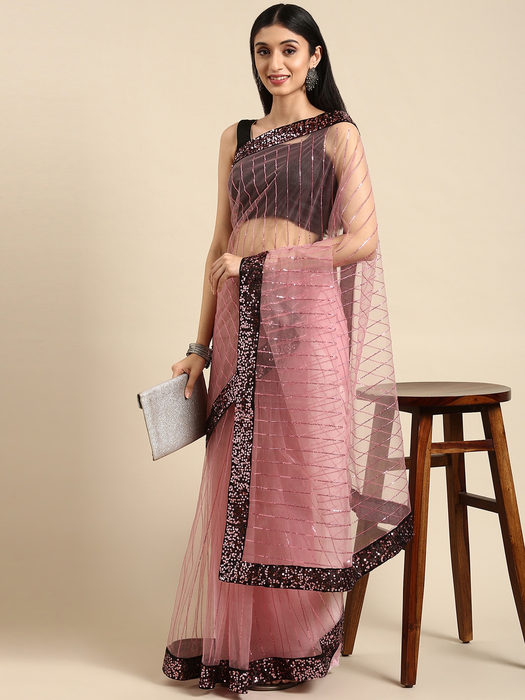 

Anouk Pink Sequinned Net Saree