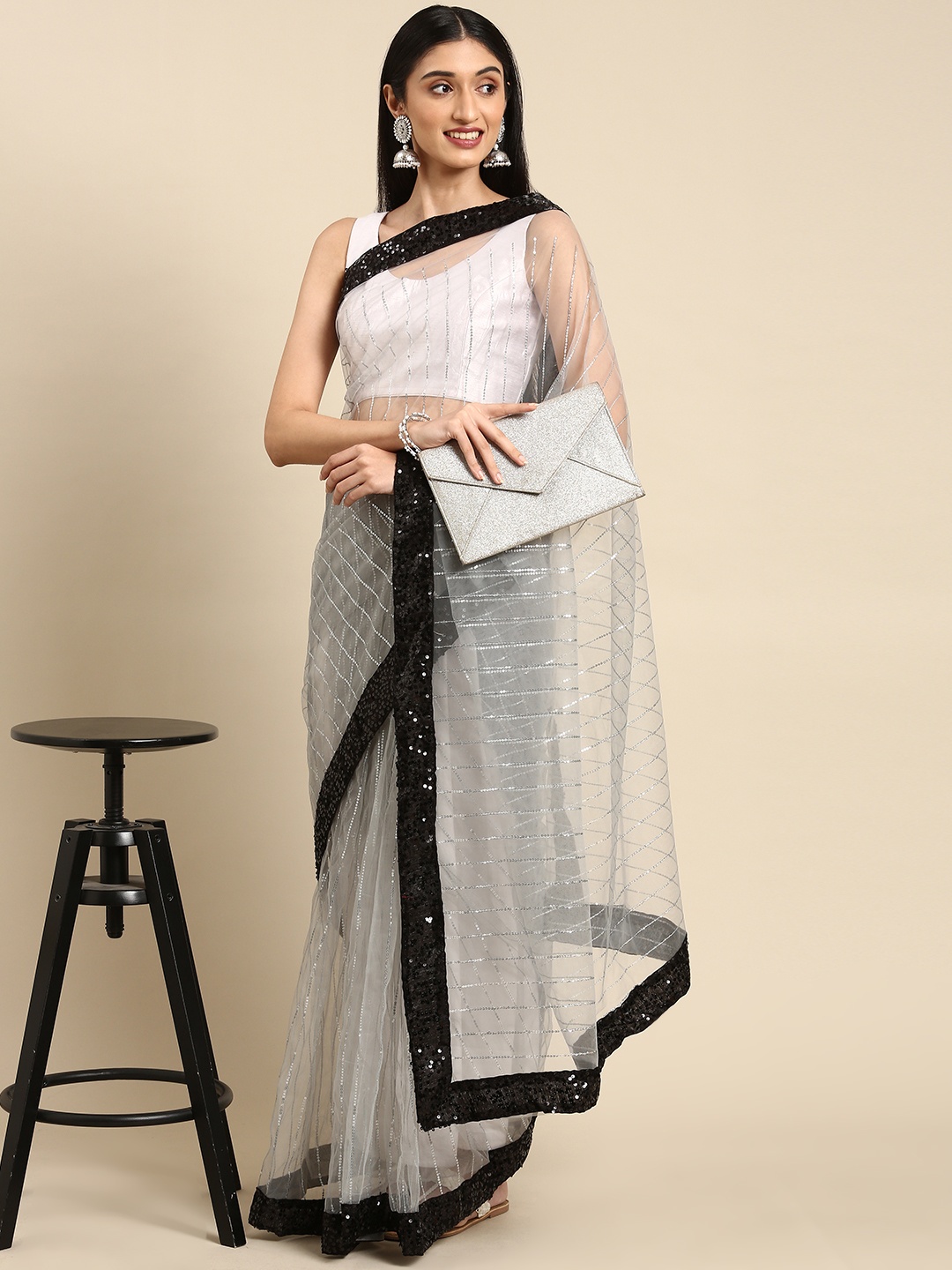 

Anouk Grey Sequinned Net Saree