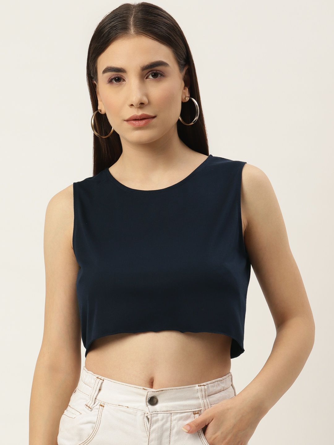 

Besiva Women Navy Blue Crop Regular Top