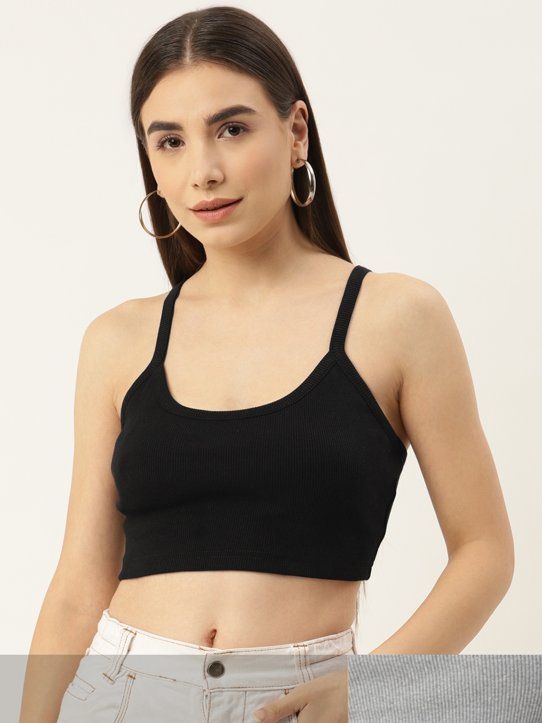 

Besiva Women Pack of 2 Grey & Black Ribbed Solid Crop Top