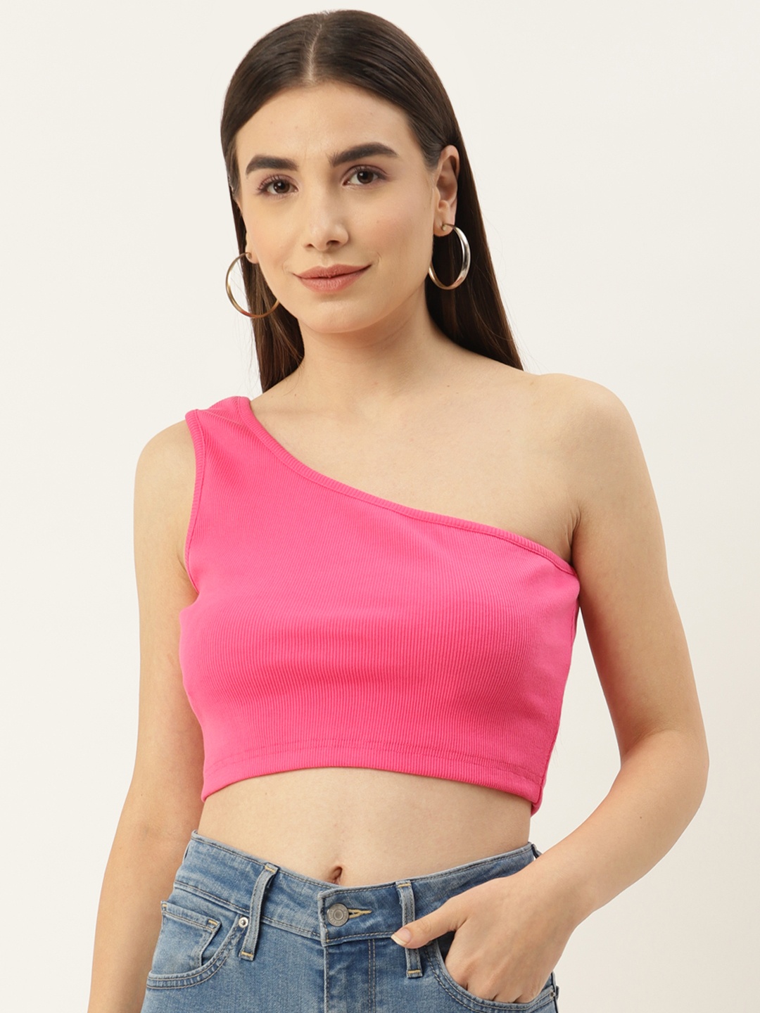 

Besiva Women Ribbed Sleeveless One Shoulder Solid Crop Top, Pink