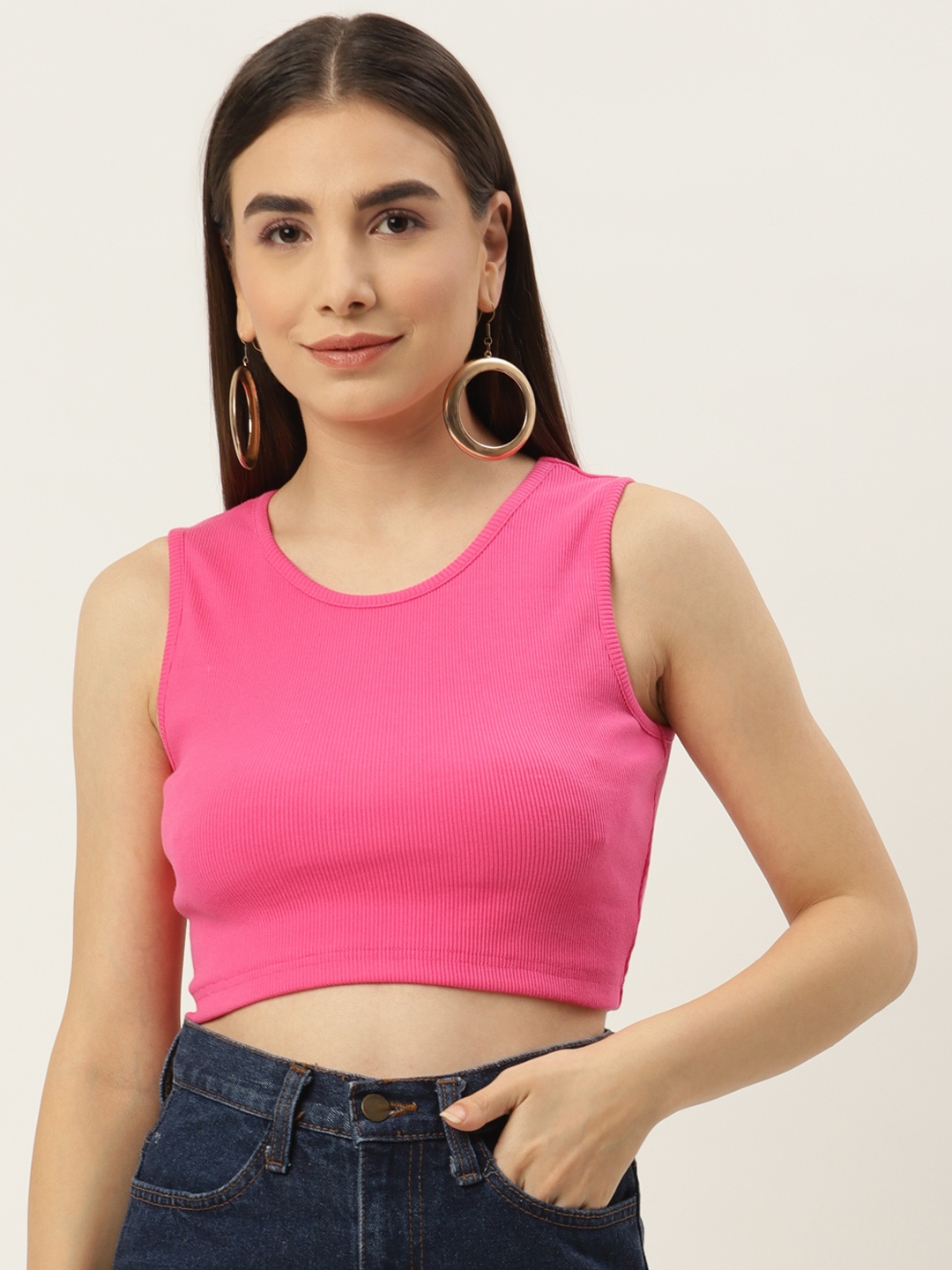 

Besiva Women Ribbed Solid Crop Top, Pink