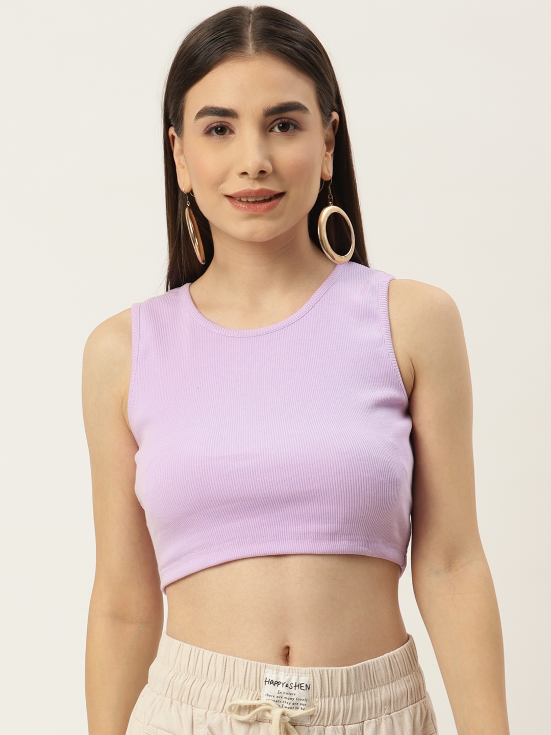 

Besiva Women Ribbed Solid Crop Top, Lavender