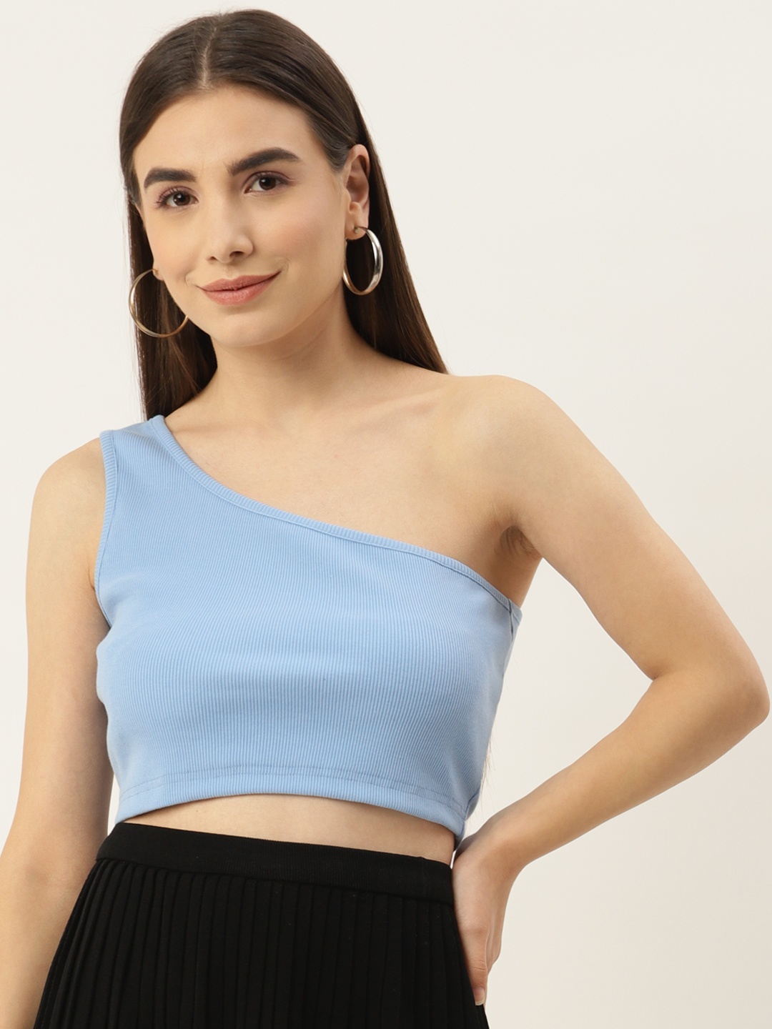 

Besiva Women Ribbed Sleeveless One Shoulder Solid Crop Top, Blue