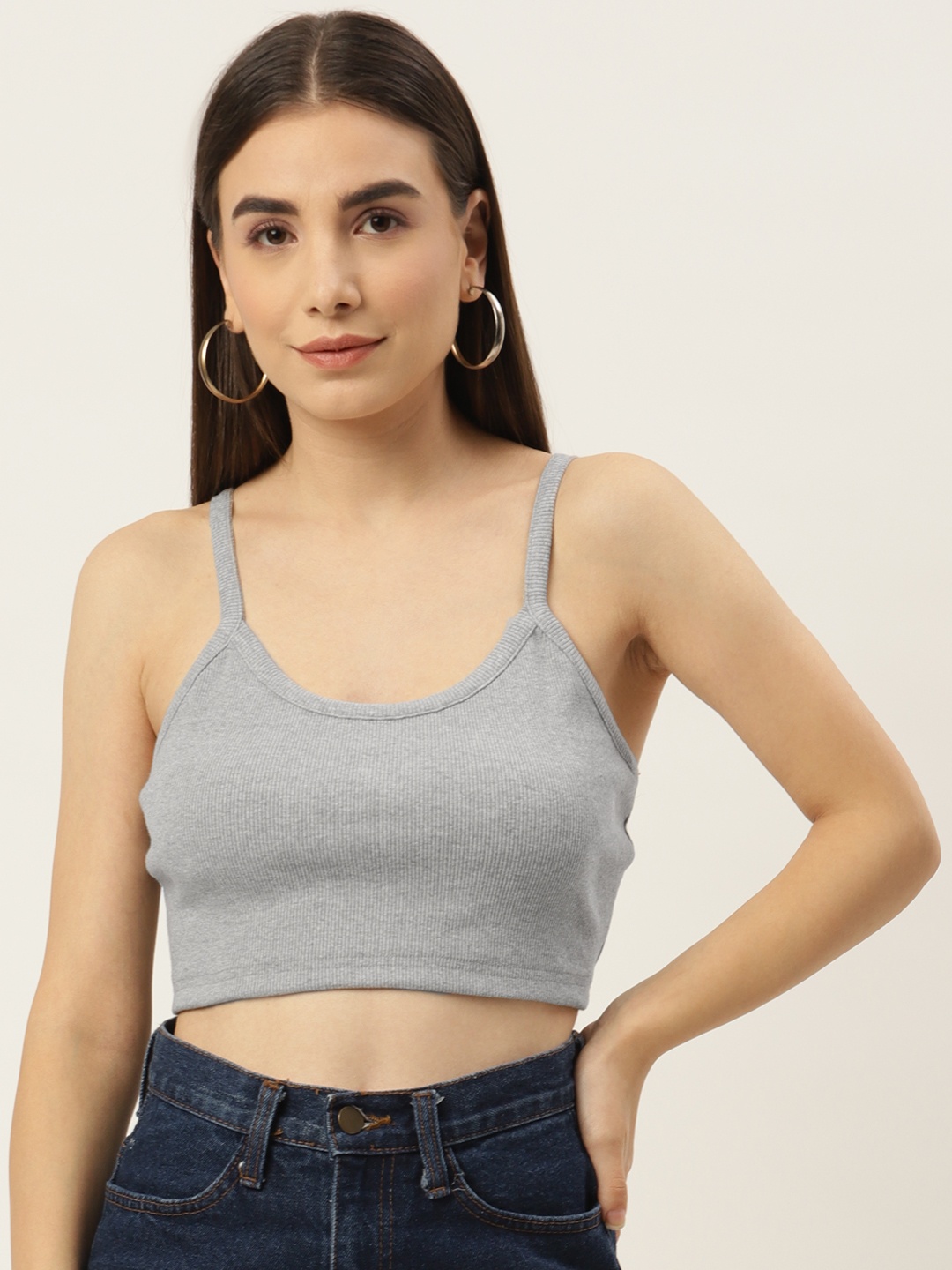 

Besiva Women Ribbed Solid Crop Top With Narrow Straps, Grey