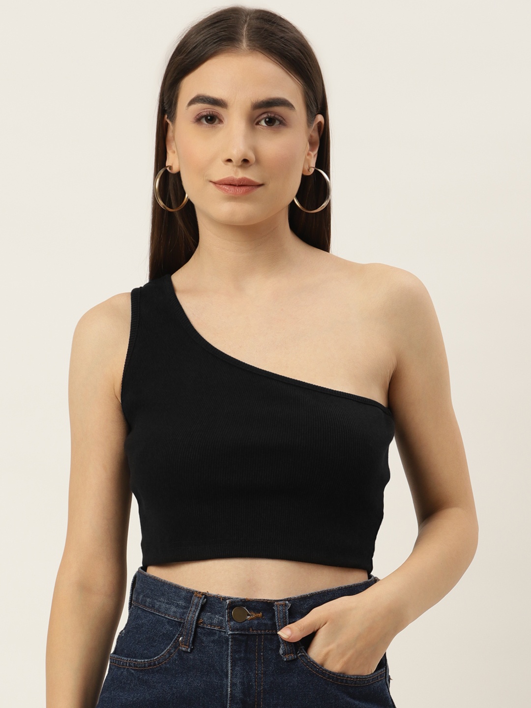 

Besiva Women Ribbed Sleeveless One Shoulder Solid Crop Top, Black