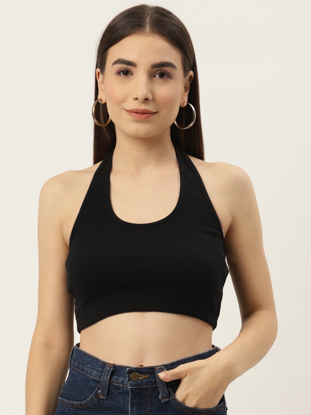 Besiva Women Black Halter Neck Crop Top