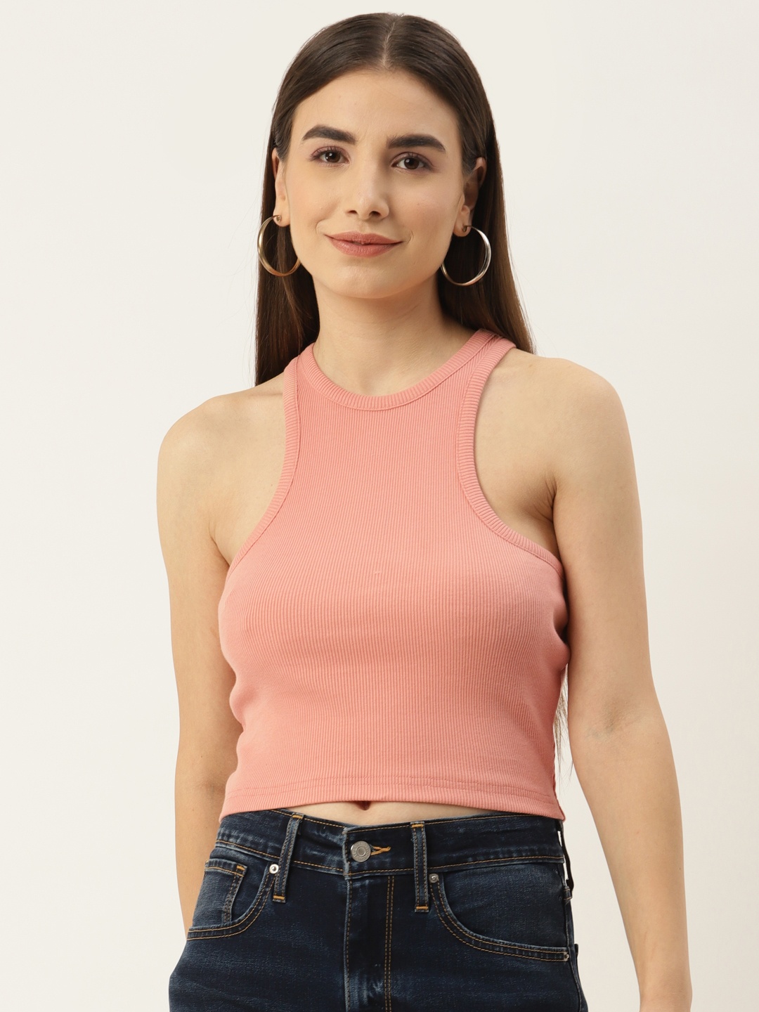 Besiva Women Pink Ribbed Tank Crop Top