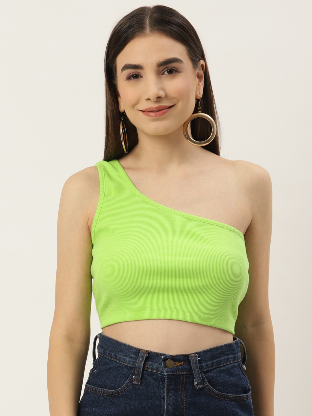

Besiva Women Ribbed Sleeveless One Shoulder Solid Crop Top, Fluorescent green