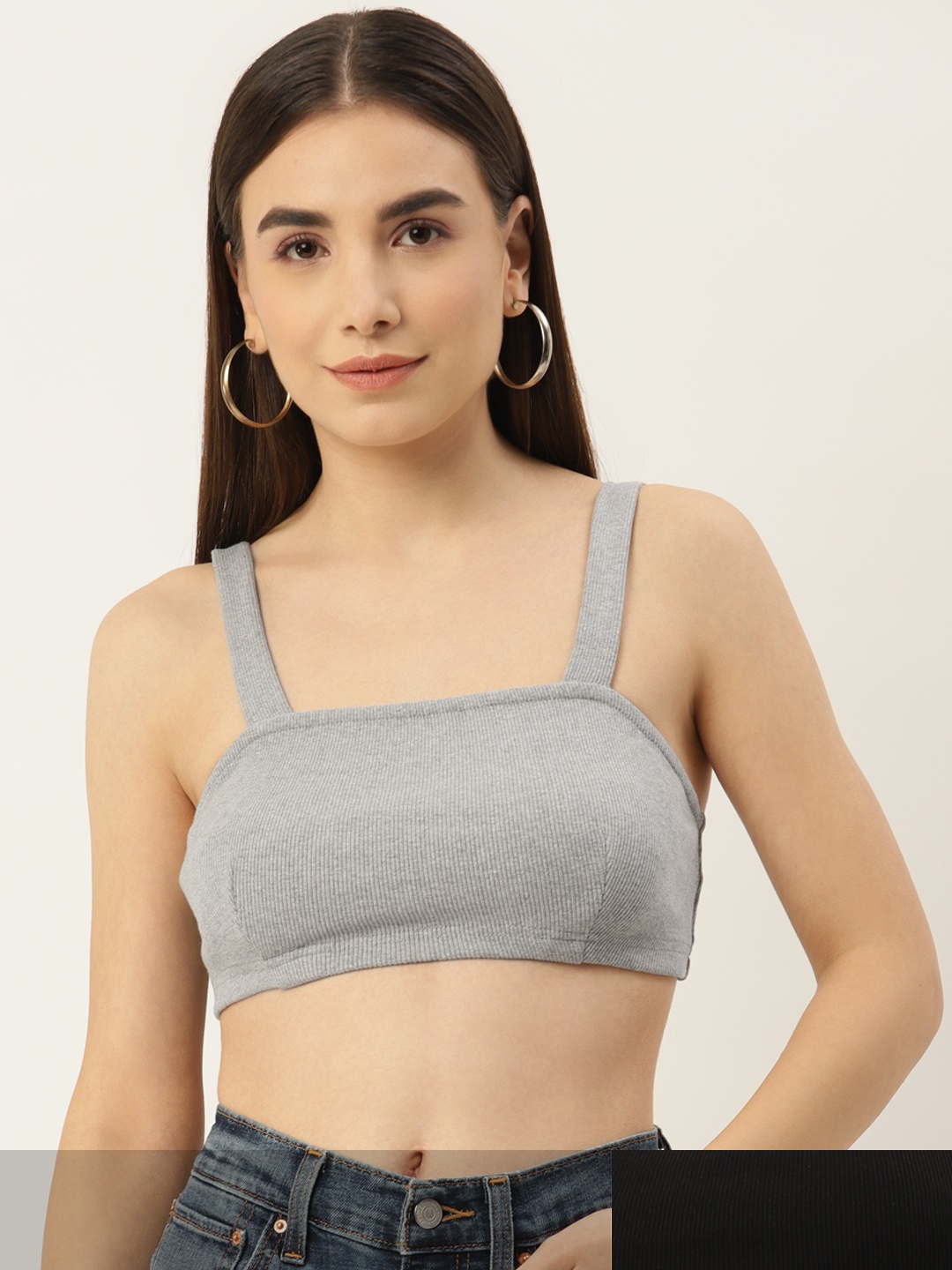 

Besiva Women Pack Of 2 Grey & Black Ribbed Bralette Tops