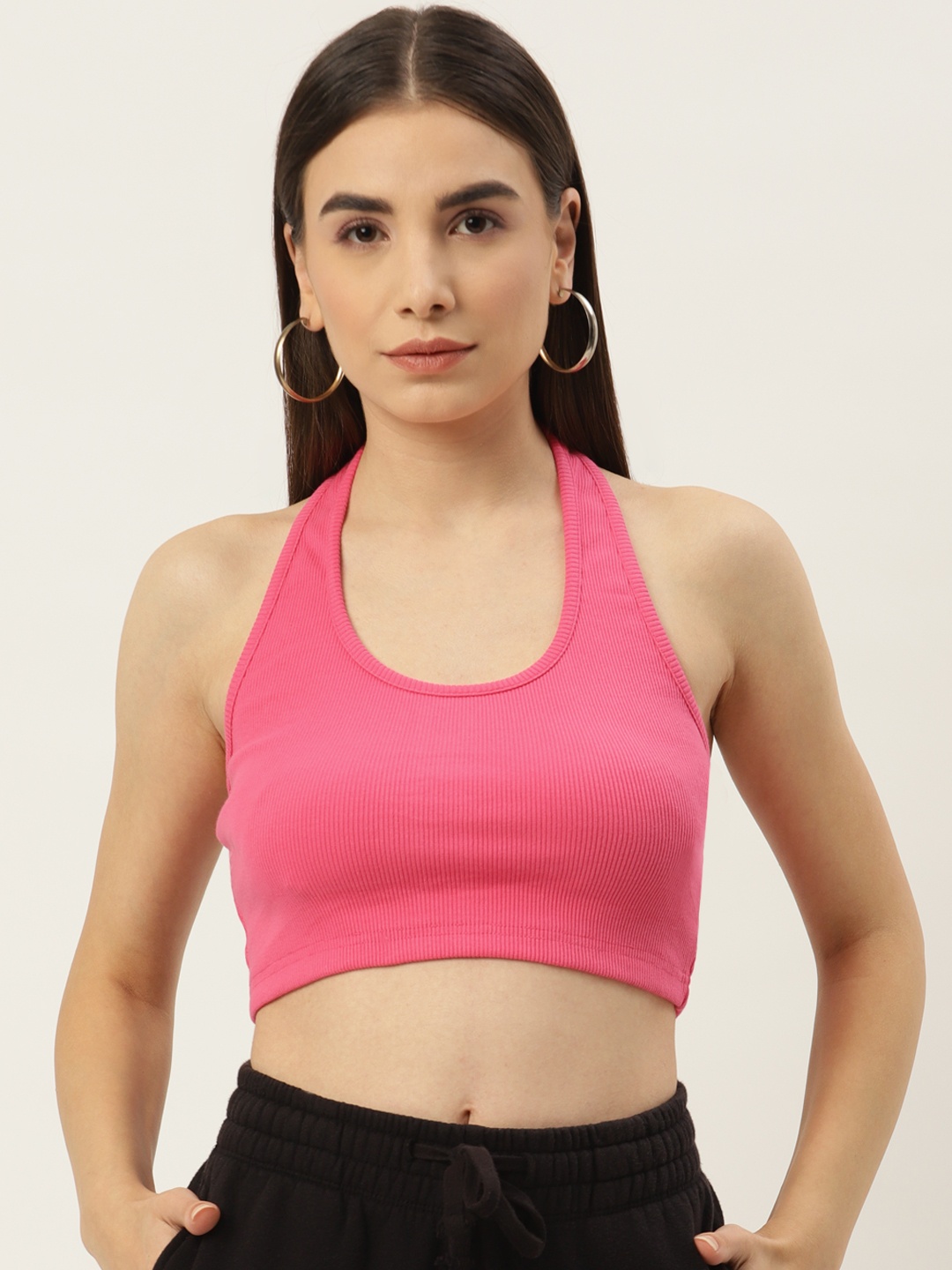 

Besiva Women Pink Halter Neck Crop Top