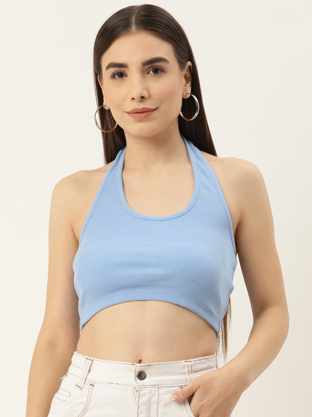 

Besiva Women Blue Halter Neck Crop Top