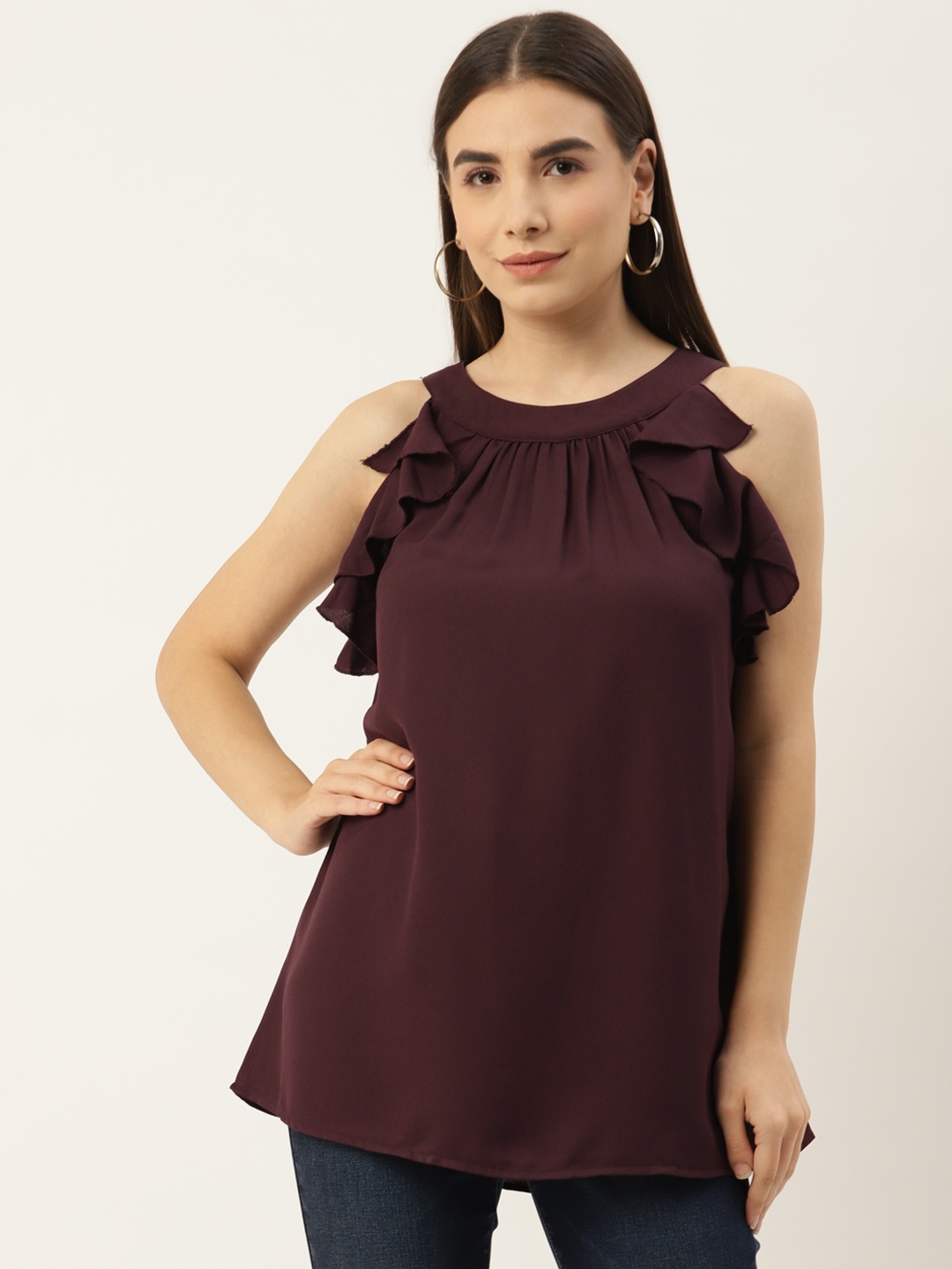 

Besiva Women Georgette Maroon Ruffles Top