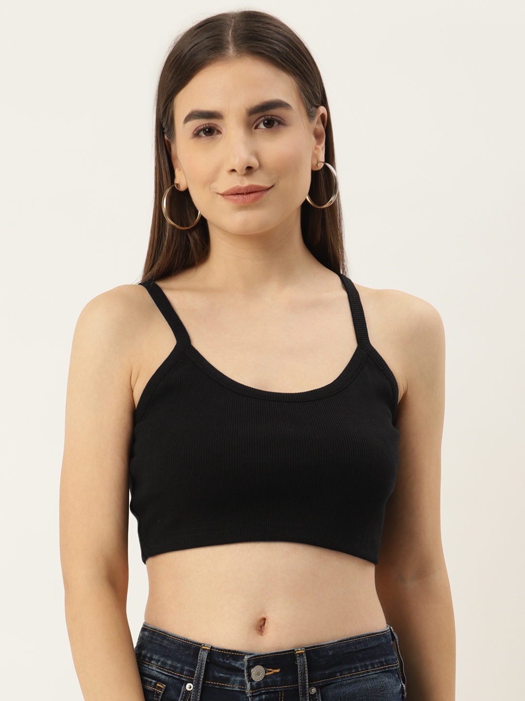 Besiva Women Ribbed Solid Crop Top With Narrow Straps, Black