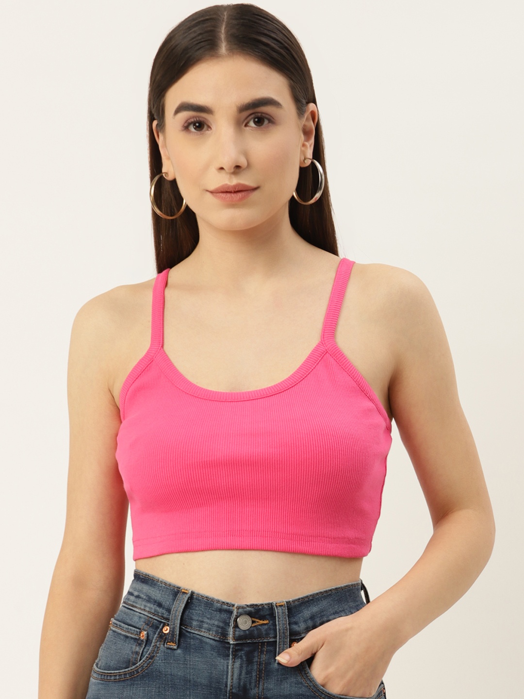 

Besiva Women Ribbed Solid Crop Top With Narrow Straps, Pink