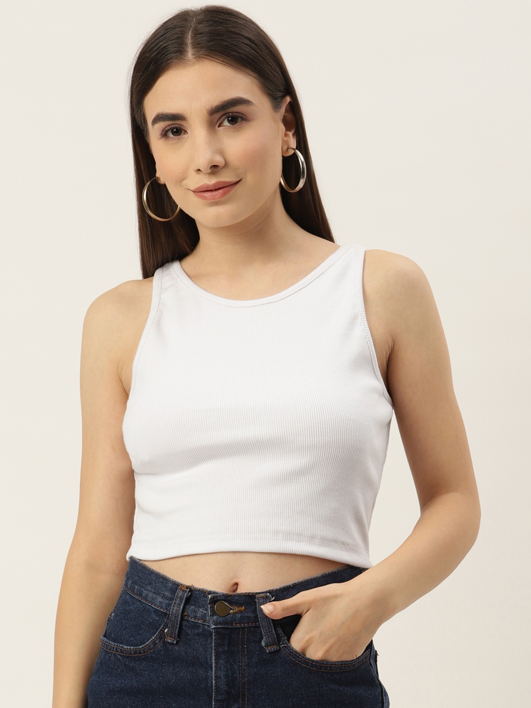

Besiva Women Ribbed Solid Crop Top, White