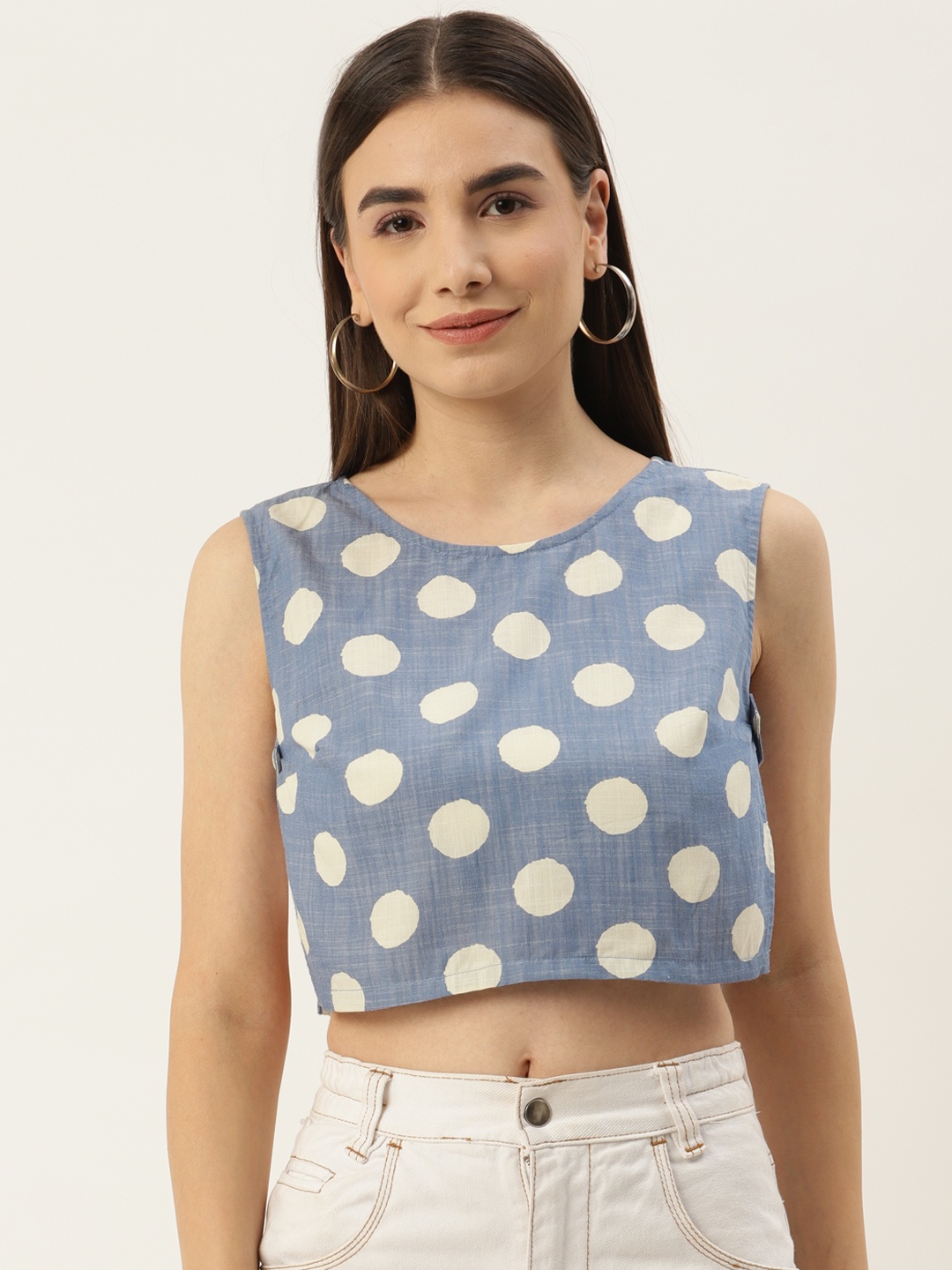 

Besiva Women Polka Dots Side Detail Crop Top, Blue