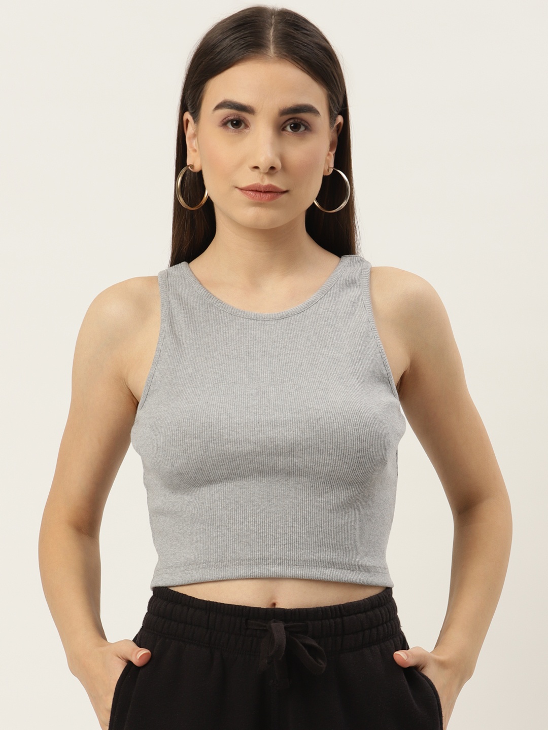 

Besiva Women Ribbed Solid Crop Top, Grey