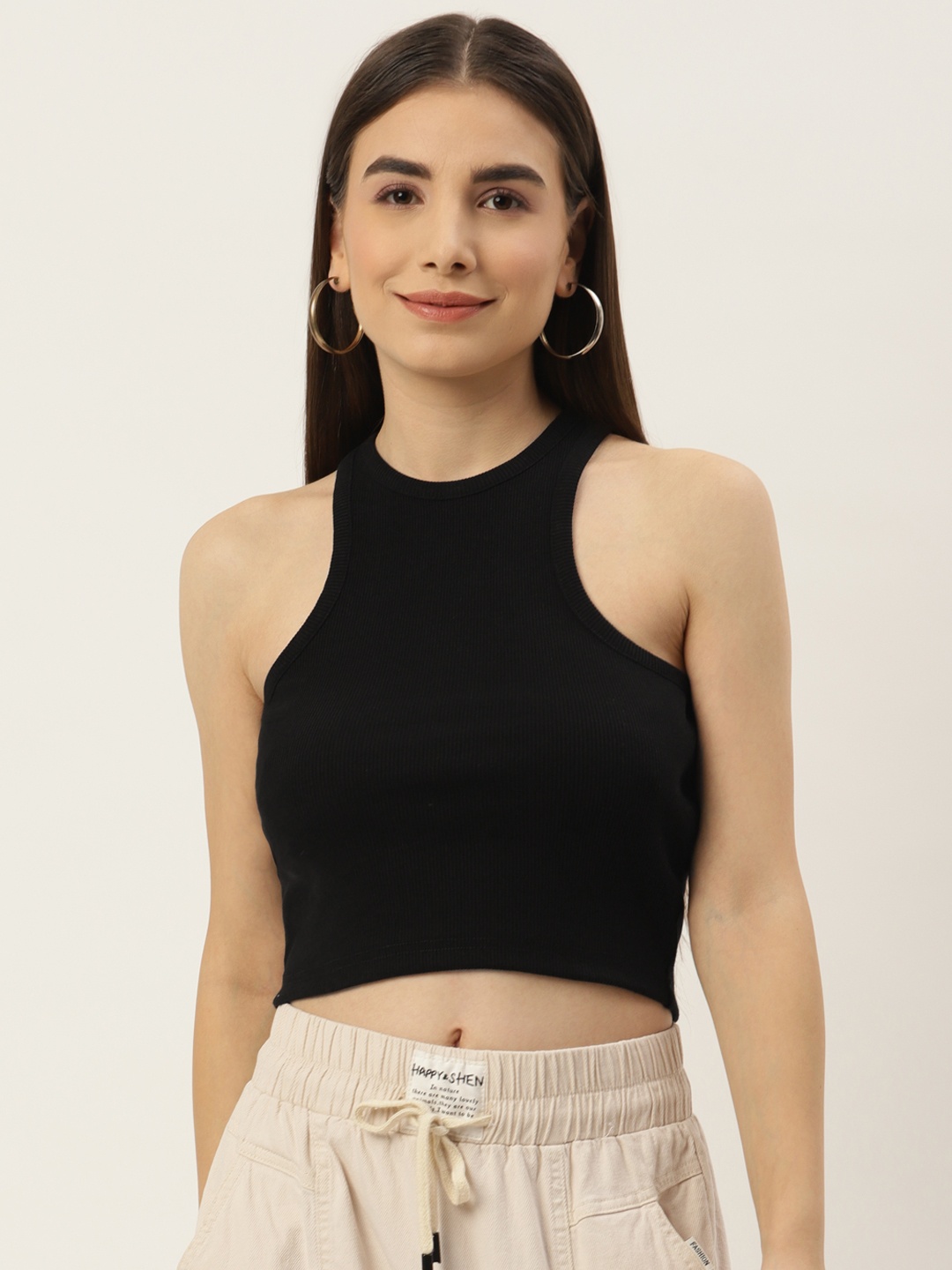 

Besiva Women Black Ribbed Tank Crop Top