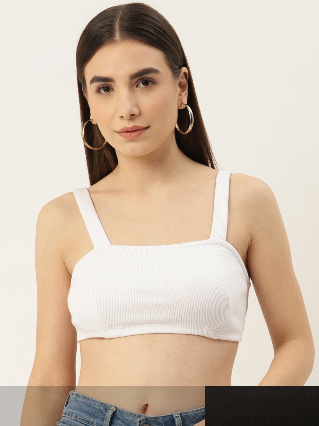 

Besiva Women Pack Of 2 White & Black Ribbed Bralette Crop Top