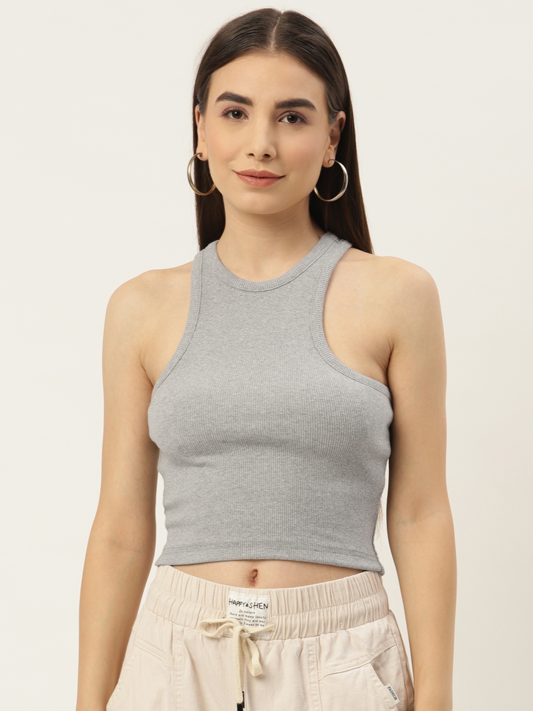 

Besiva Women Ribbed Solid Tank Crop Top, Grey