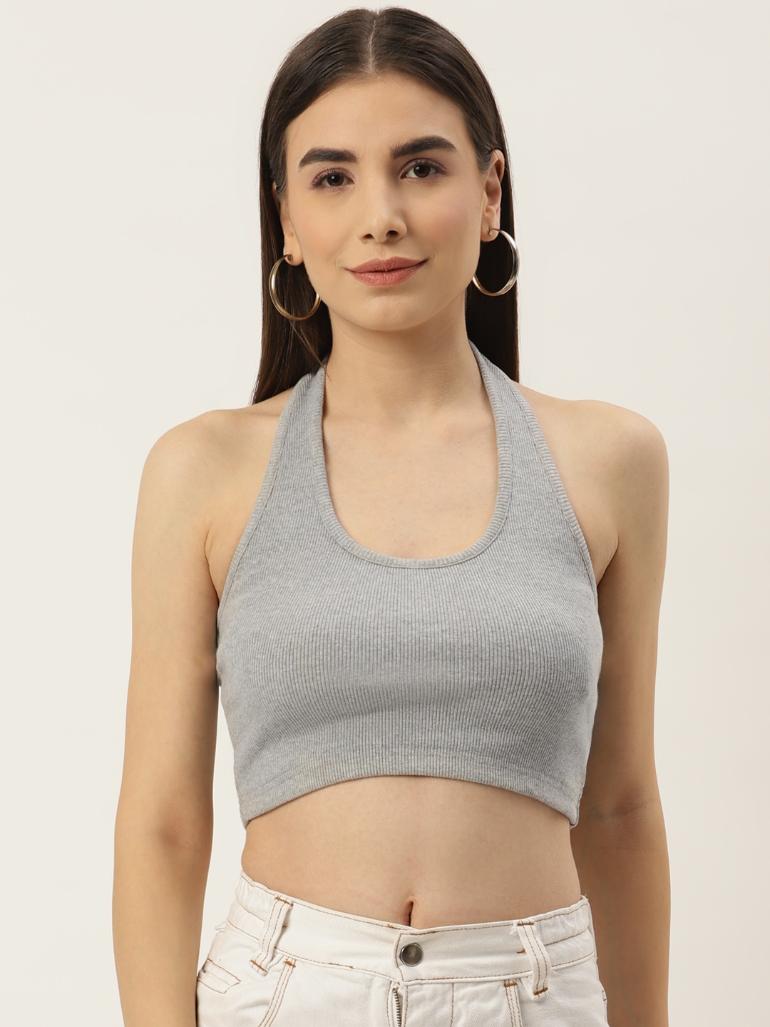 

Besiva Women Grey Halter Neck Crop Top