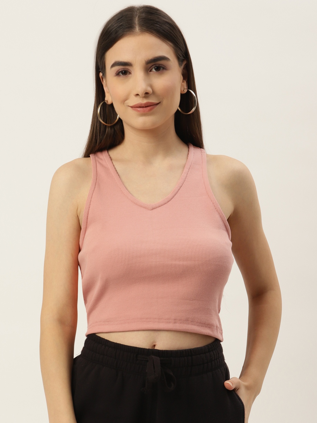 

Besiva Women Pink Ribbed Solid Tank Crop Top