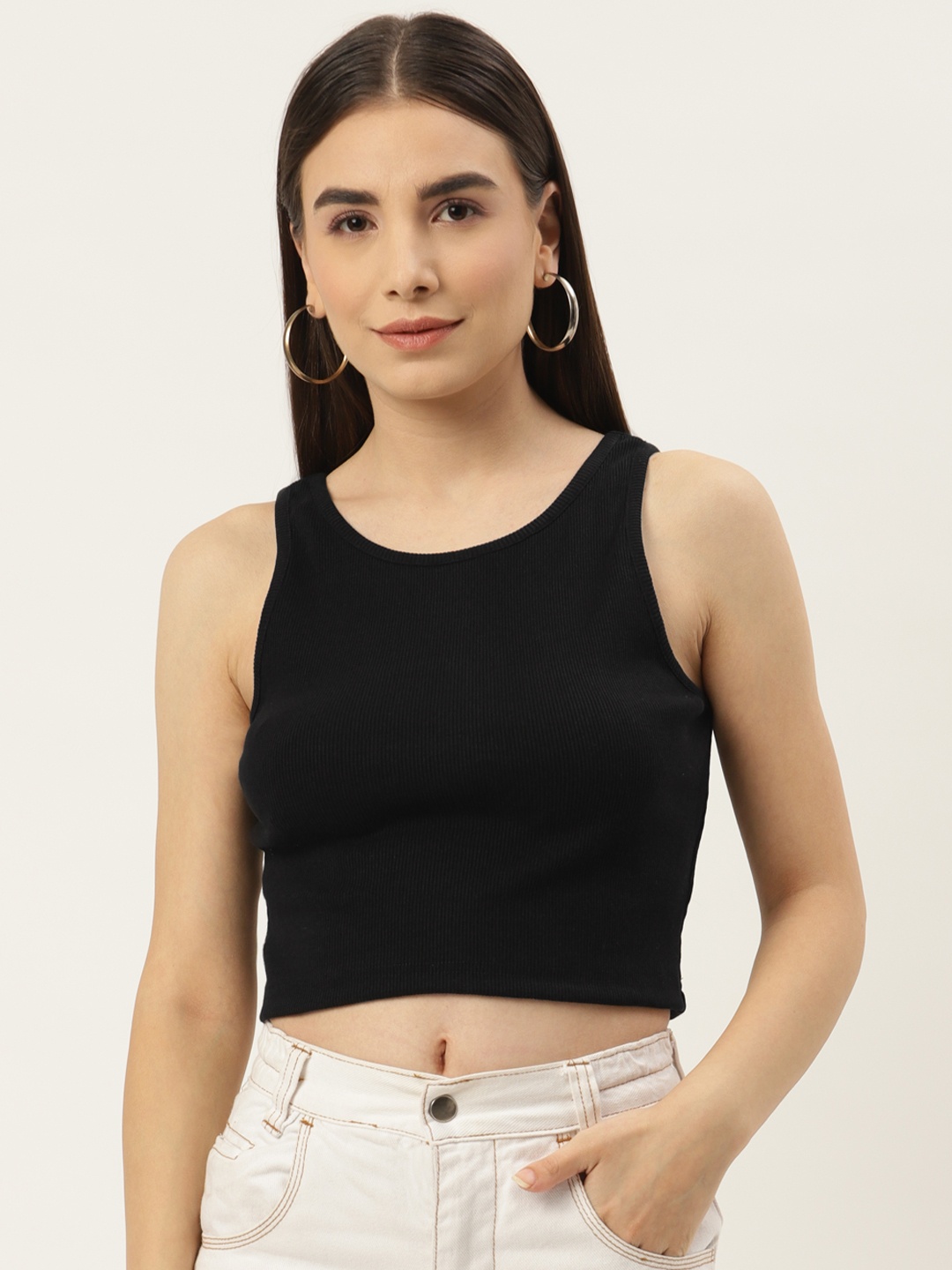 

Besiva Women Black Ribbed Solid Crop Top