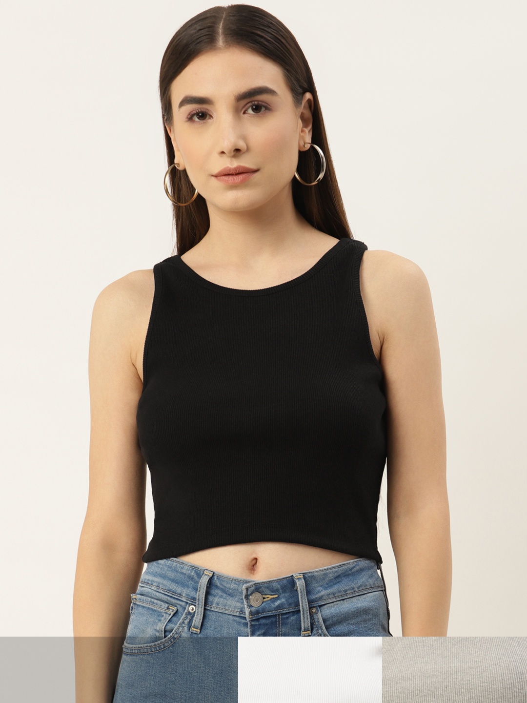 

Besiva Women Pack Of 3 White & Black Ribbed Solid Crop Top