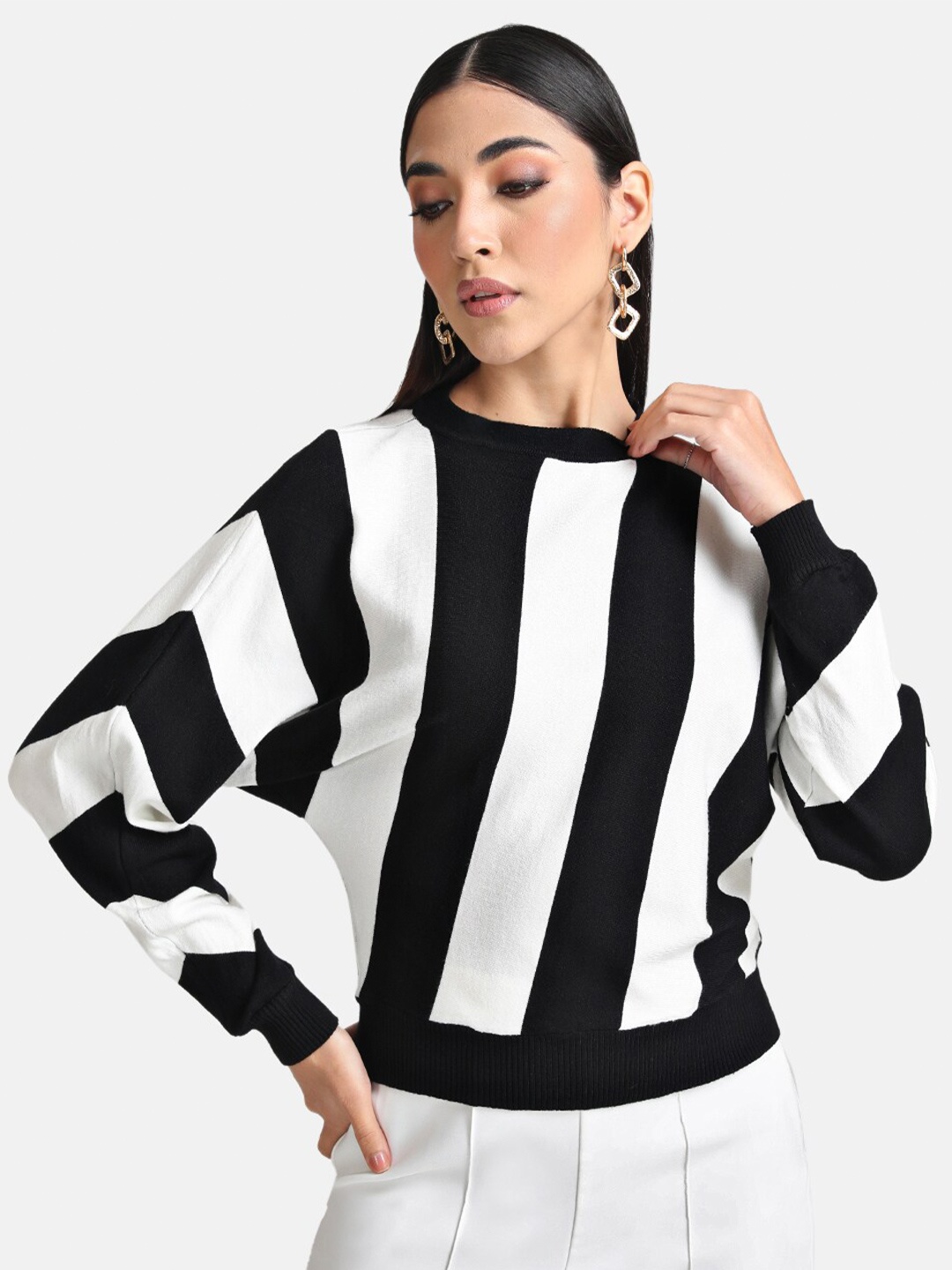 

Kazo Women Black & White Striped Striped Pullover