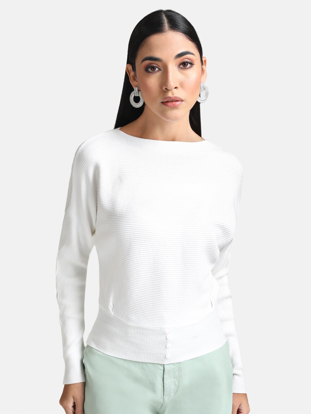 

Kazo Women White Ribbed Pullover