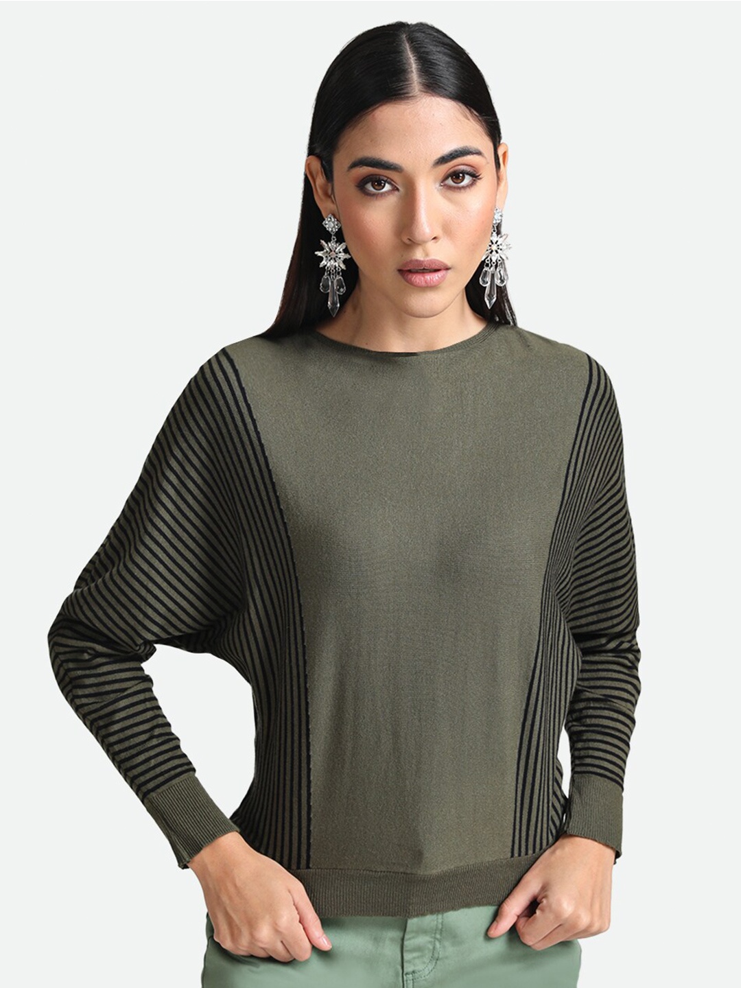 

Kazo Women Olive Green & Black Striped Pullover