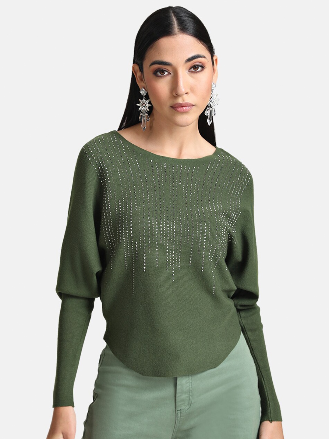 

Kazo Women Olive Green & Silver-Toned Embroidered Pullover