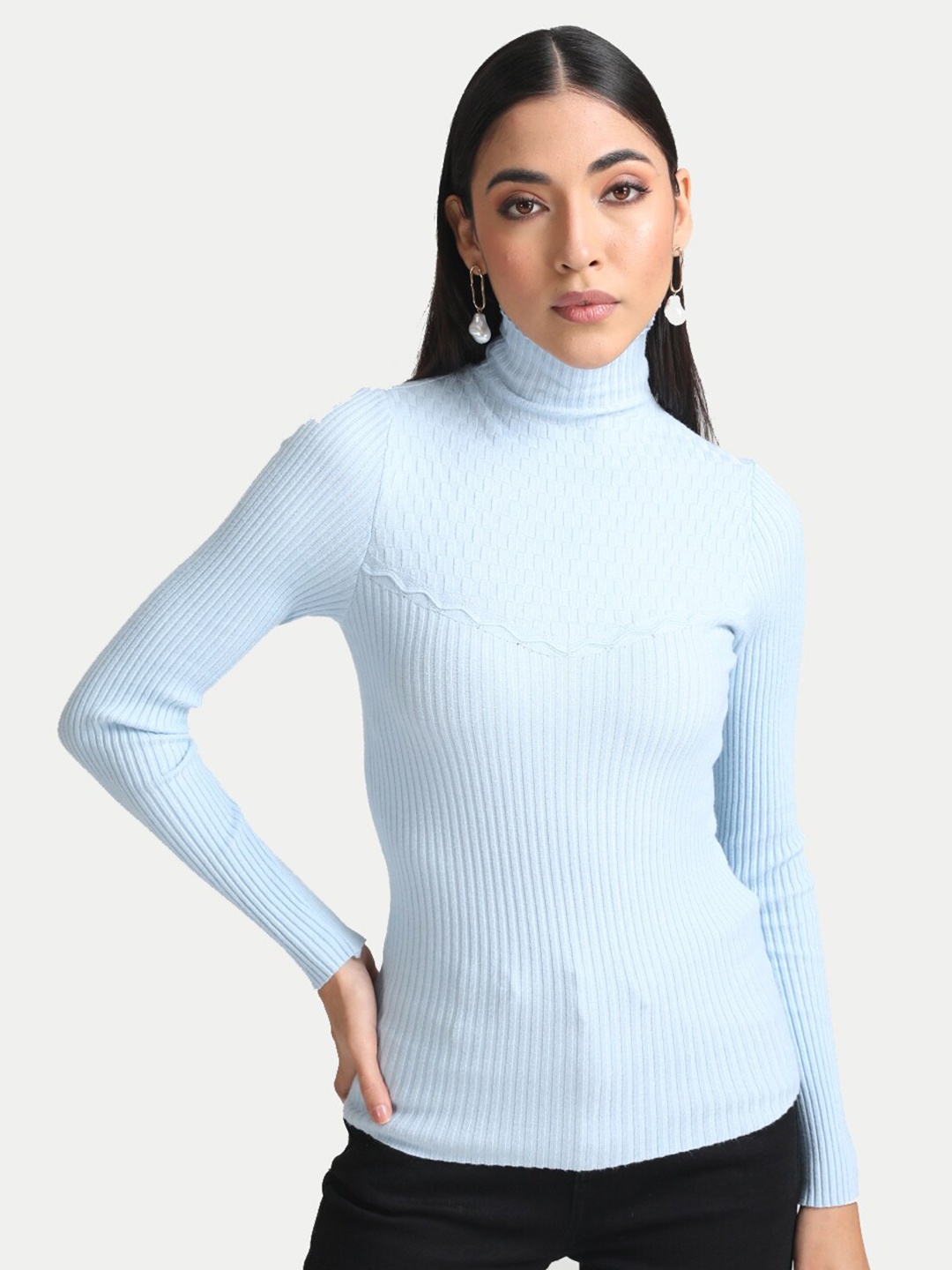 

Kazo Women Blue Ribbed Pullover