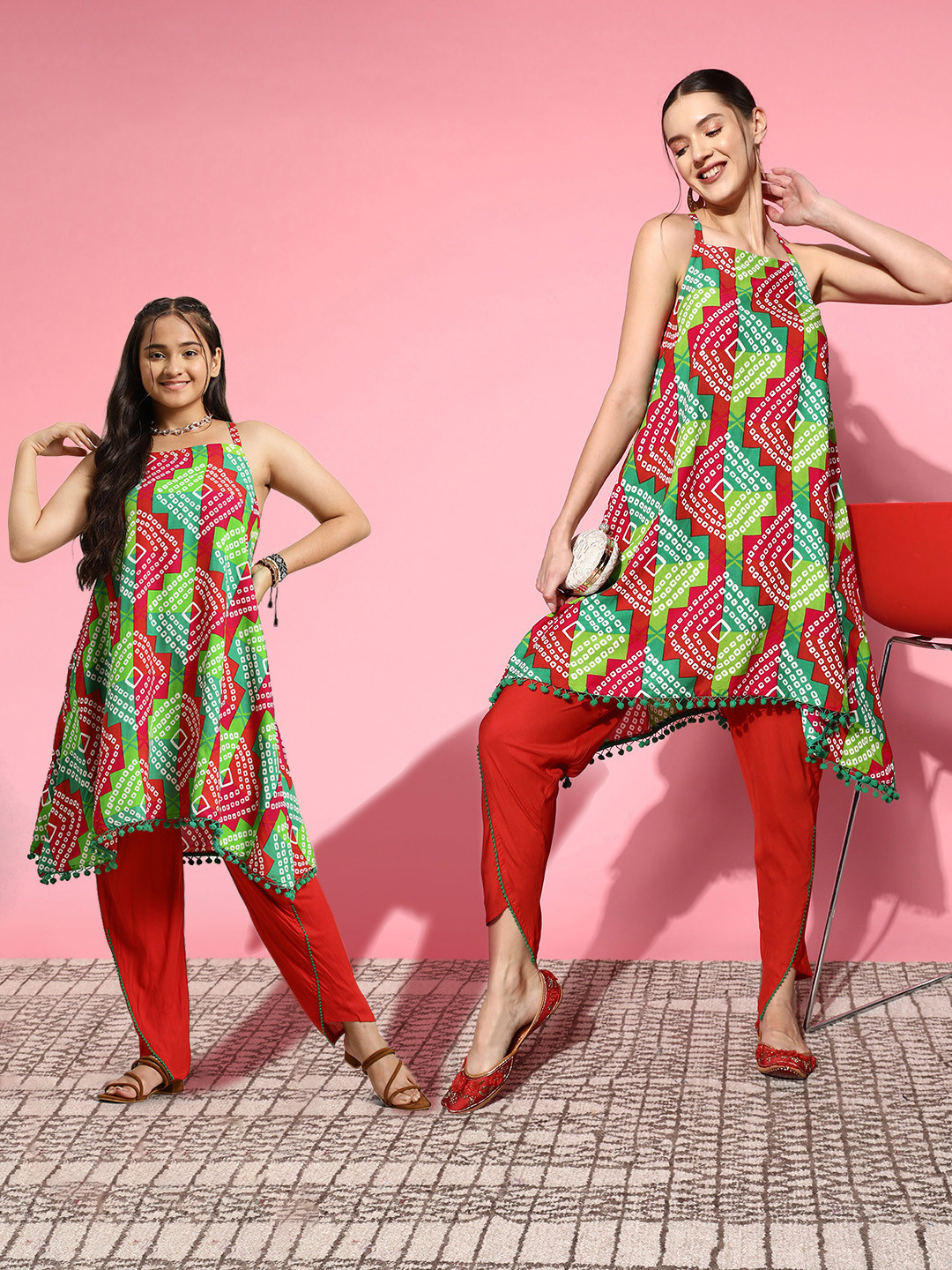 

Sangria Teen Girls Bandhani Printed Kurta with Trousers, Green