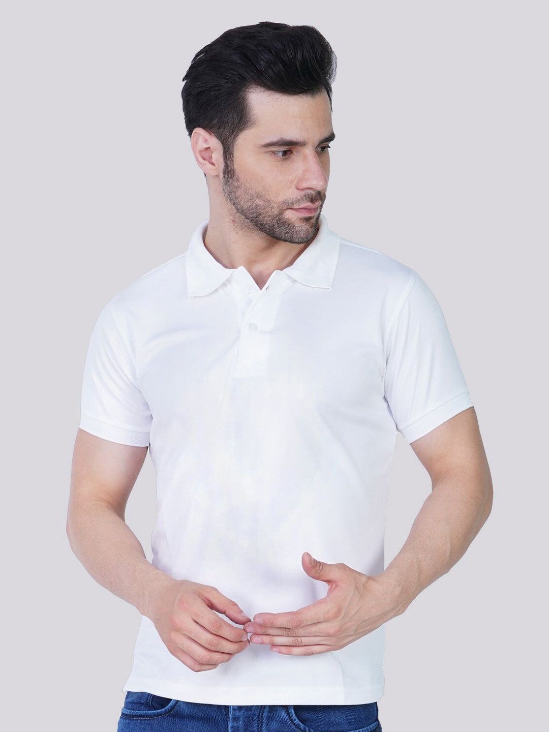 

TEEMOODS Men White Polo Collar Dri-FIT T-shirt