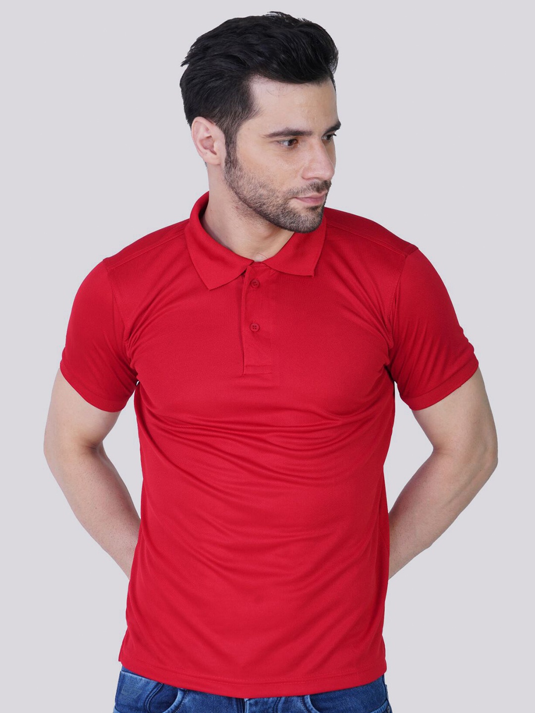 

TEEMOODS Men Red Polo Collar Dri-FIT T-shirt