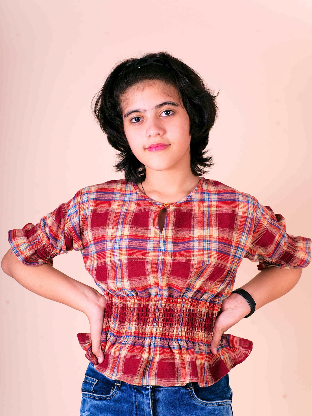 

Little Carrot Rust Checked Smocked Cinched Waist Top