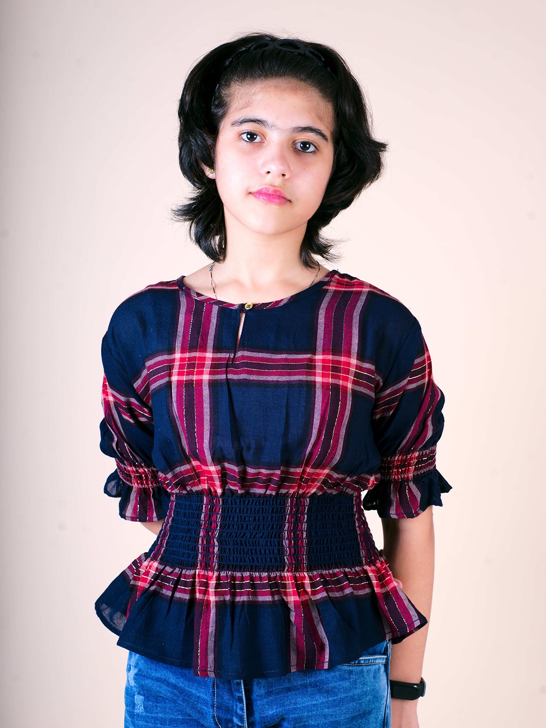 

Little Carrot Navy Blue Smocked Blouson Top