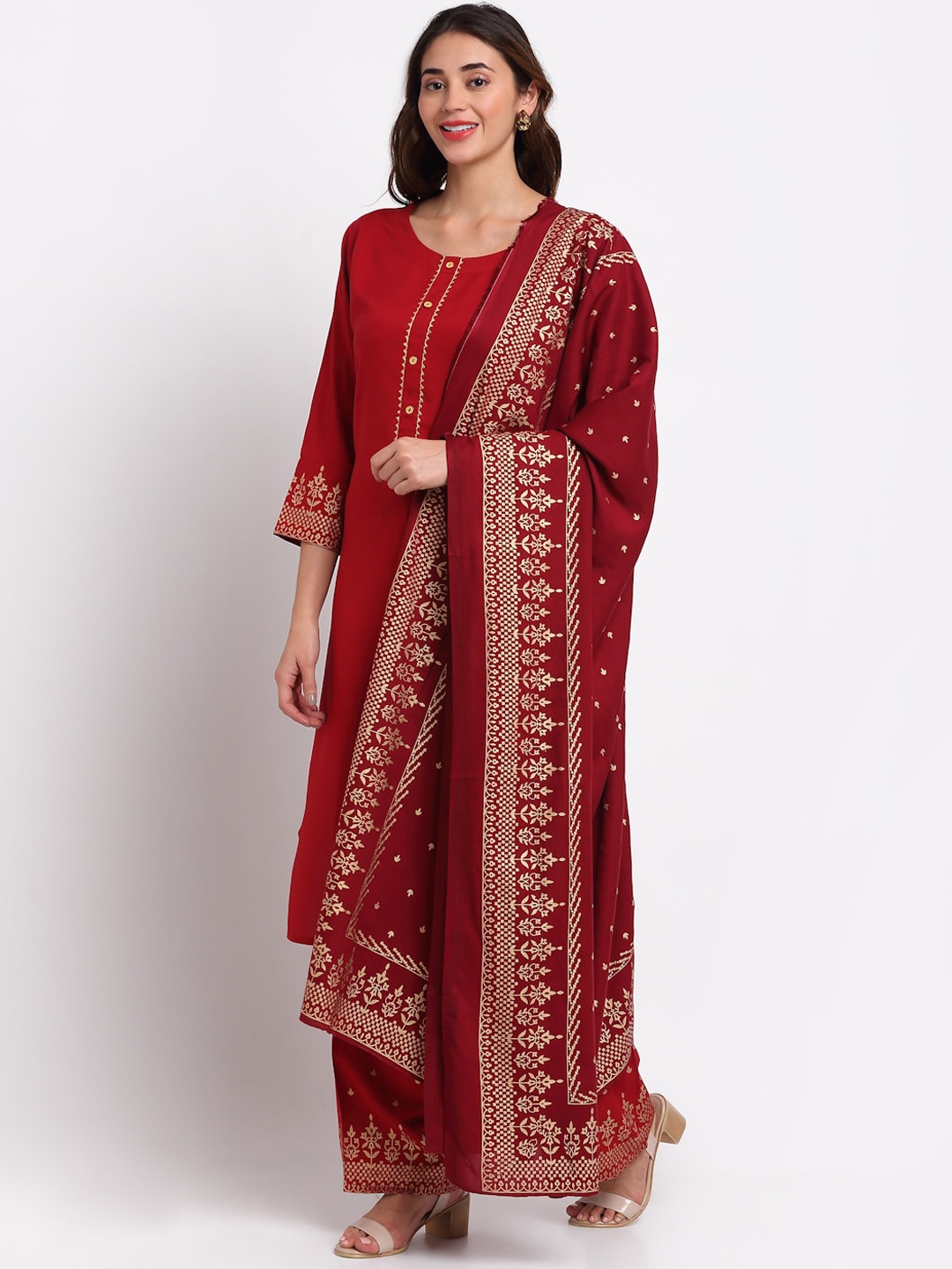 

KALINI Women Maroon Printed Kurta with Palazzos & With Dupatta