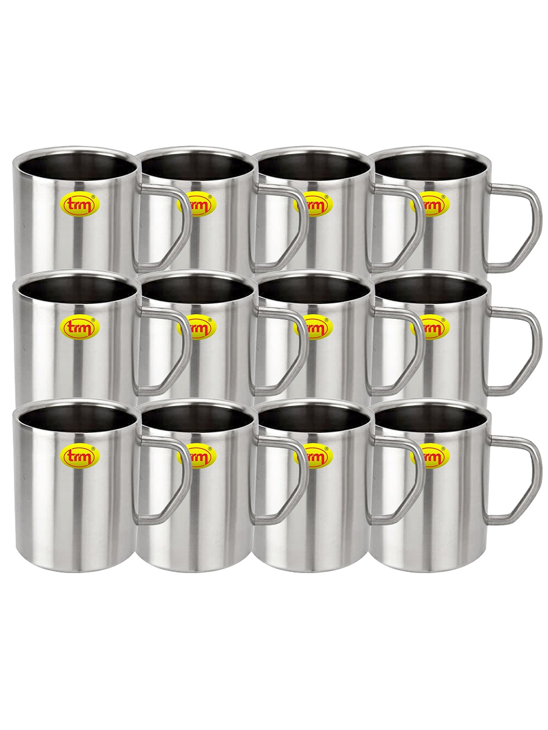 

TRM Silver Set Of 12 Double Walled Stainless Steel Glossy Mugs 300 ml Each