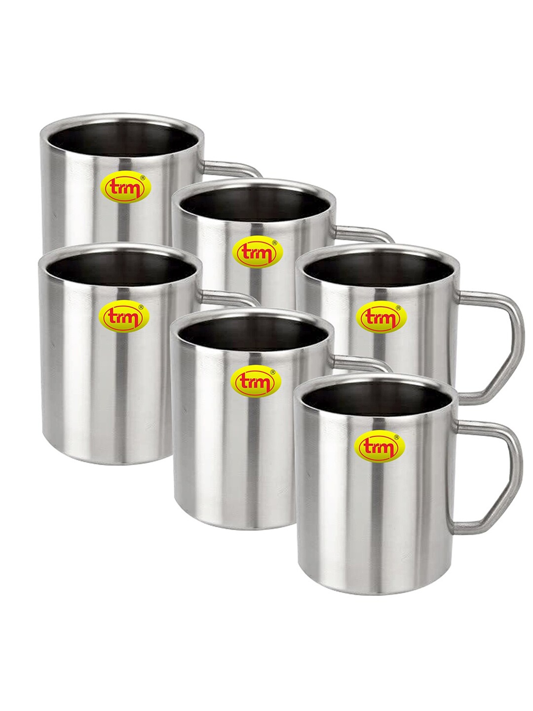 

TRM Silver Set Of 6 Double Walled Stainless Steel Glossy Mugs 200 ml Each