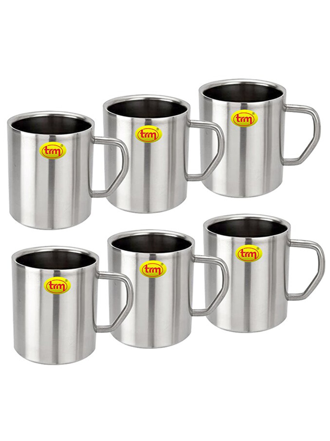 

TRM Silver Set Of 6 Double Walled Stainless Steel Glossy Mugs 200 ml Each