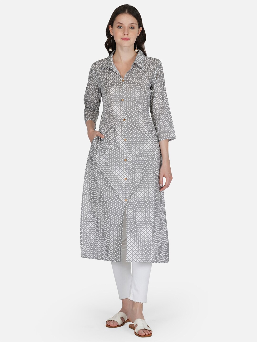 

METRO-FASHION Women Grey & White Printed Cotton Kurta