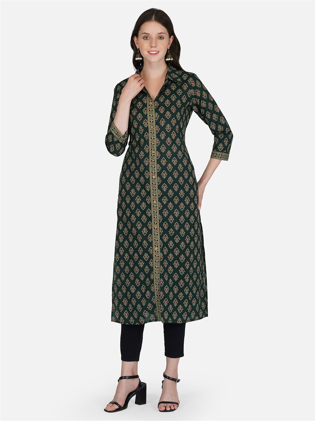

METRO-FASHION Women Green & Red Floral Printed Cotton Kurta