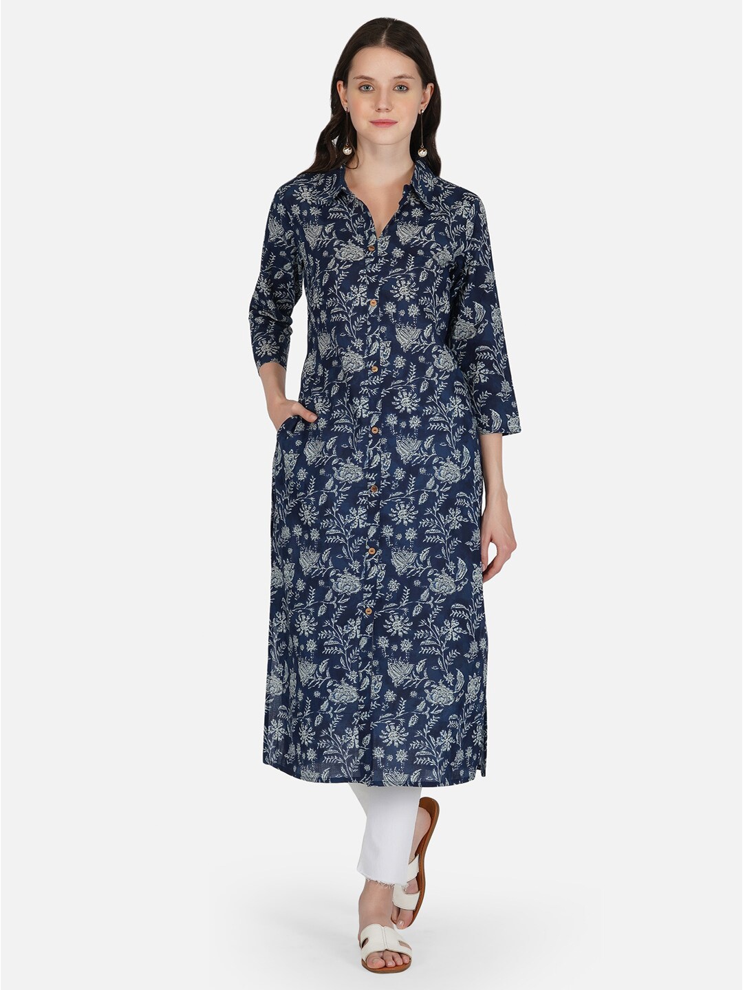 

METRO-FASHION Women Floral Pure Cotton Printed Kurta, Navy blue